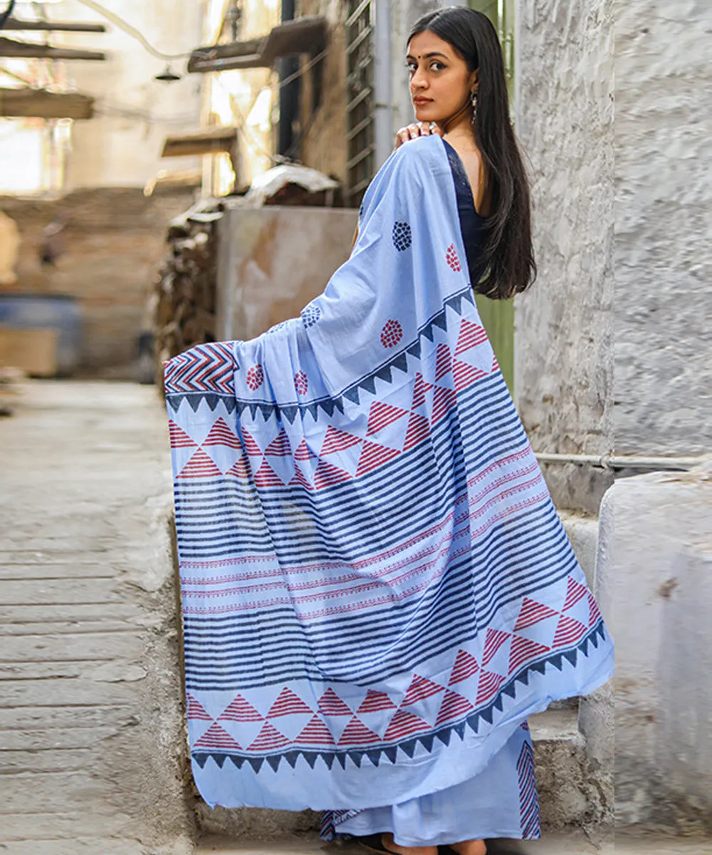 Sky blue red blue cotton hand block sanganeri printed saree