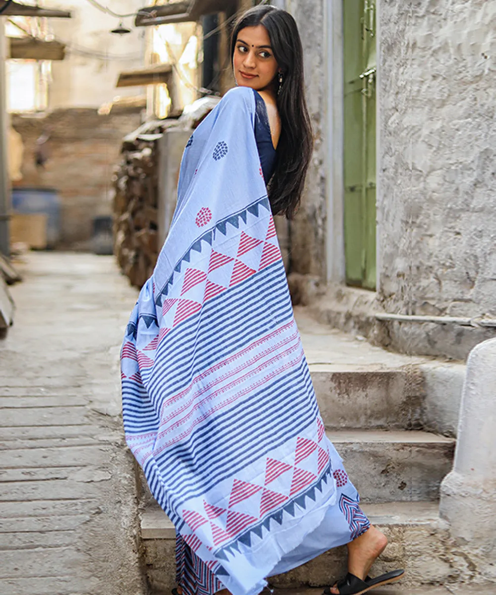 Sky blue red blue cotton hand block sanganeri printed saree