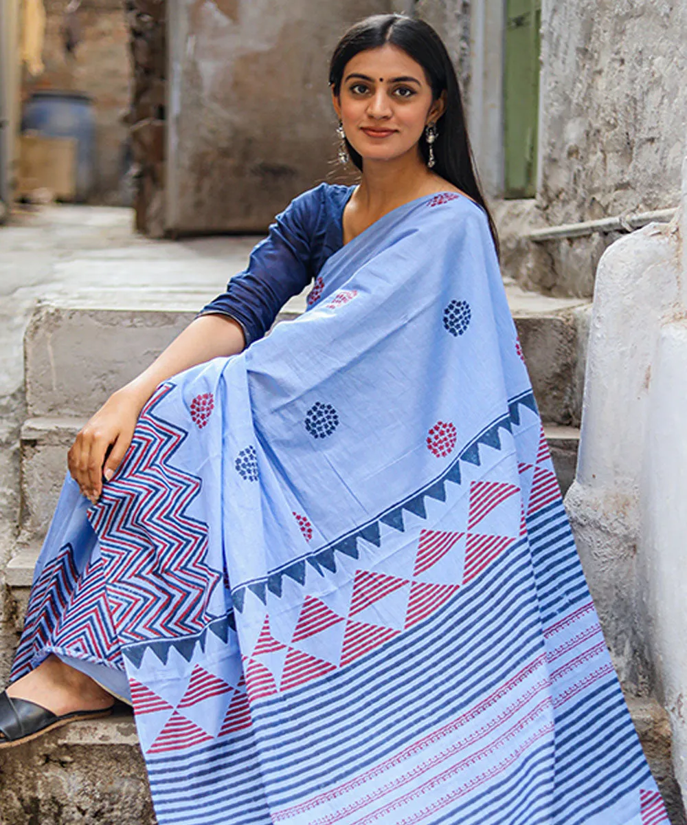 Sky blue red blue cotton hand block sanganeri printed saree