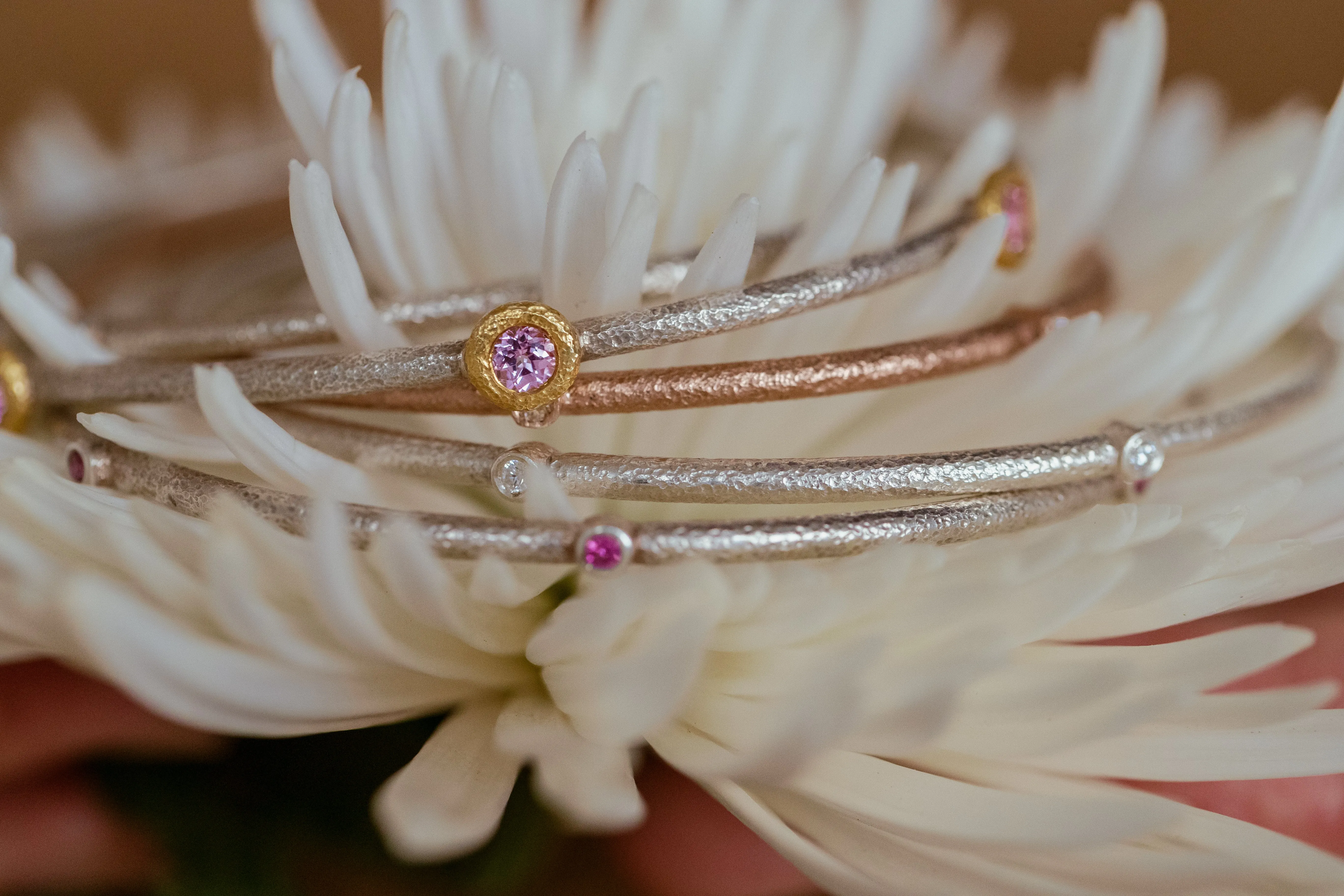 Sputnik Bangle in Sterling Silver with Hot Pink Sapphires