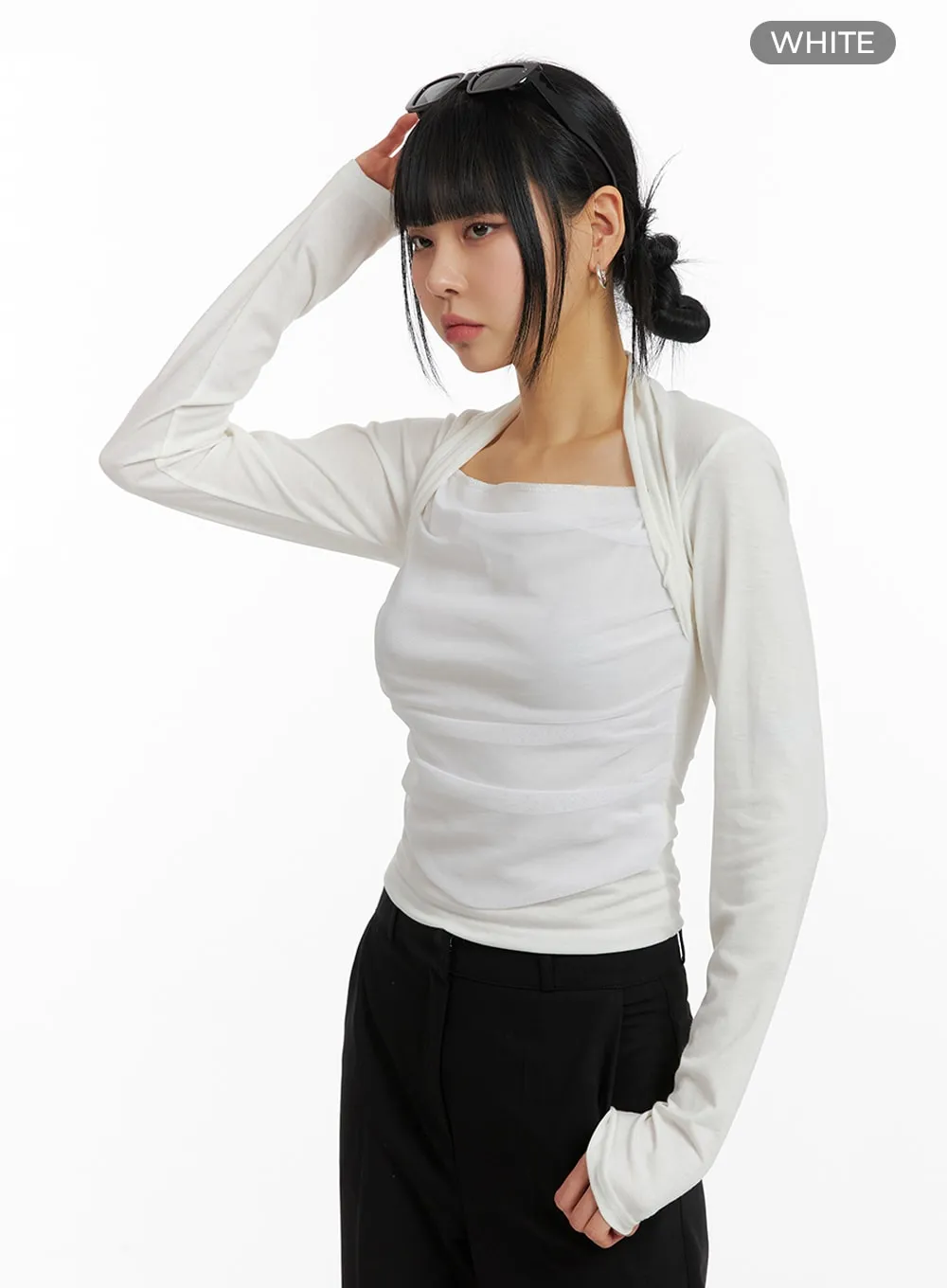 Square Neck Ruched Long Sleeve Top IM414