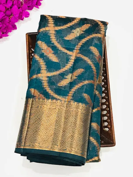 Stunning Teal Green Colored Silk Cotton Saree With Zari Work