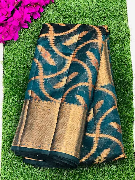 Stunning Teal Green Colored Silk Cotton Saree With Zari Work