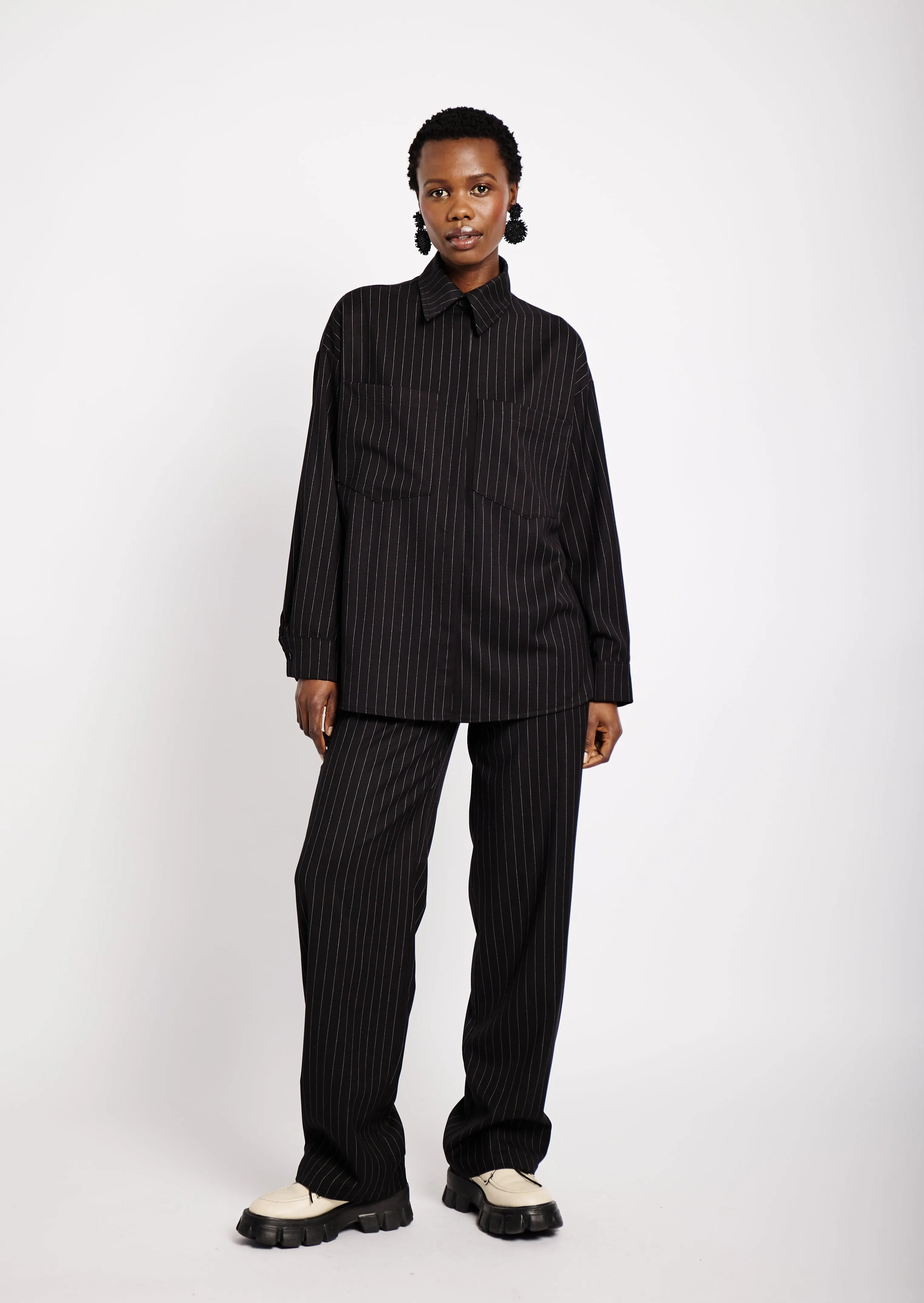 Suiting Shacket in Black Pinstripe