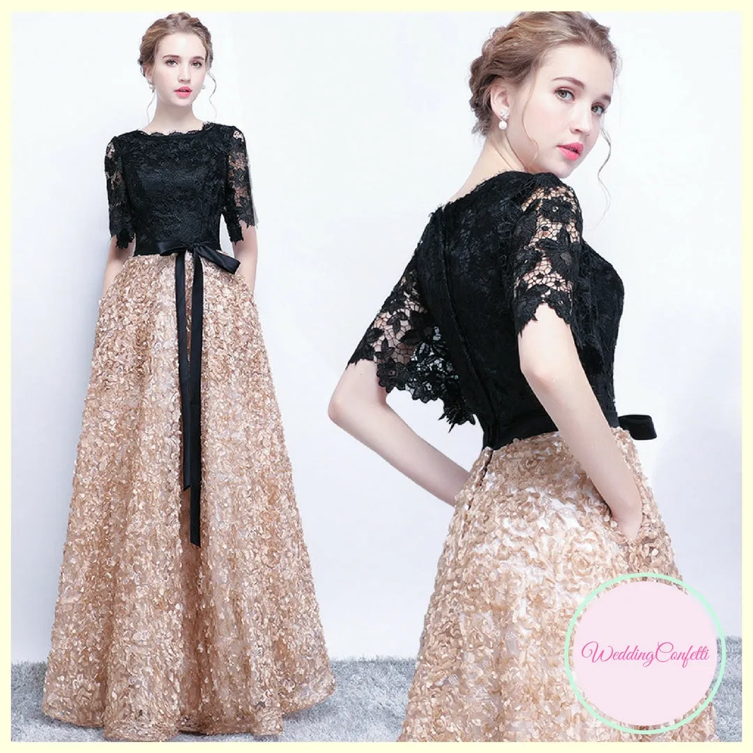 The Charlize Floral Lace Black & Gold Long Sleeves Gown