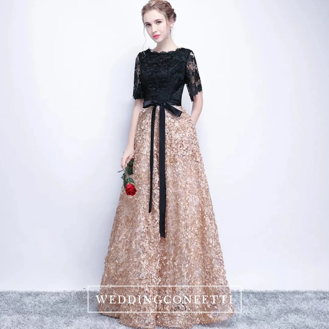 The Charlize Floral Lace Black & Gold Long Sleeves Gown