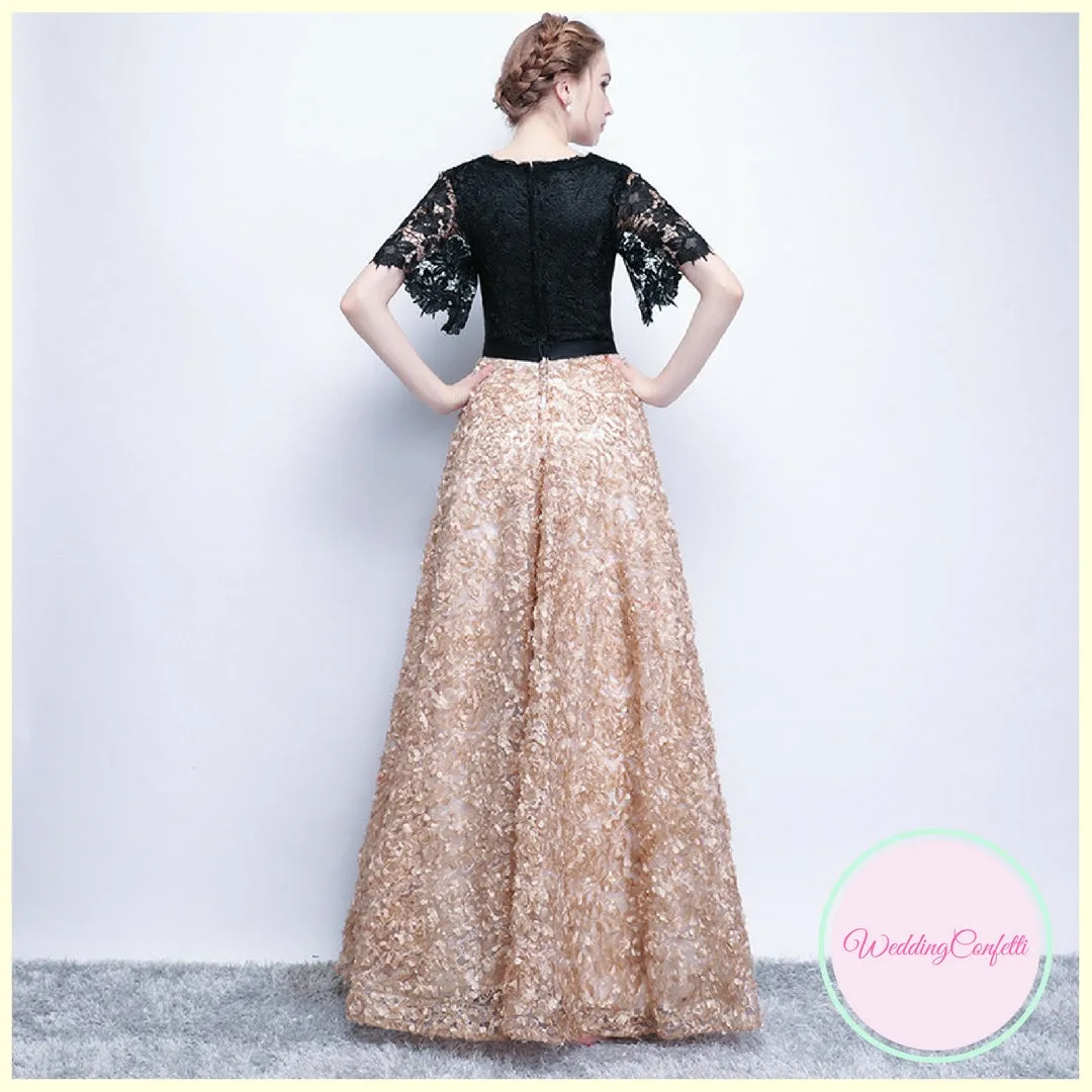 The Charlize Floral Lace Black & Gold Long Sleeves Gown