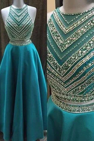 Two Pieces Beaded Crew Neck Prom Dress-Zipper-up Satin Long Prom Dresses