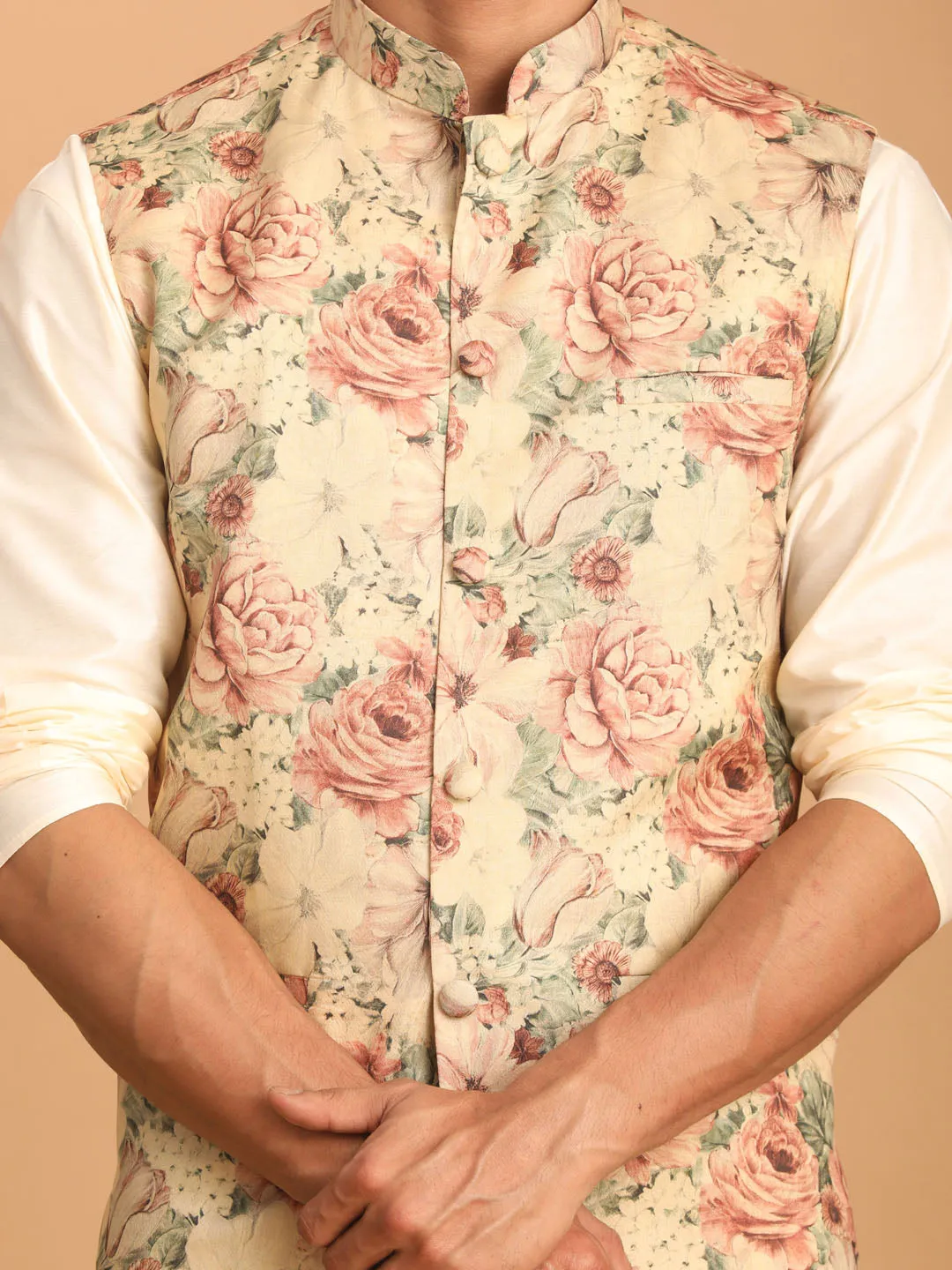 VASTRAMAY Beige Printed Nehru Jacket And Cream Solid Kurta With Pant Set