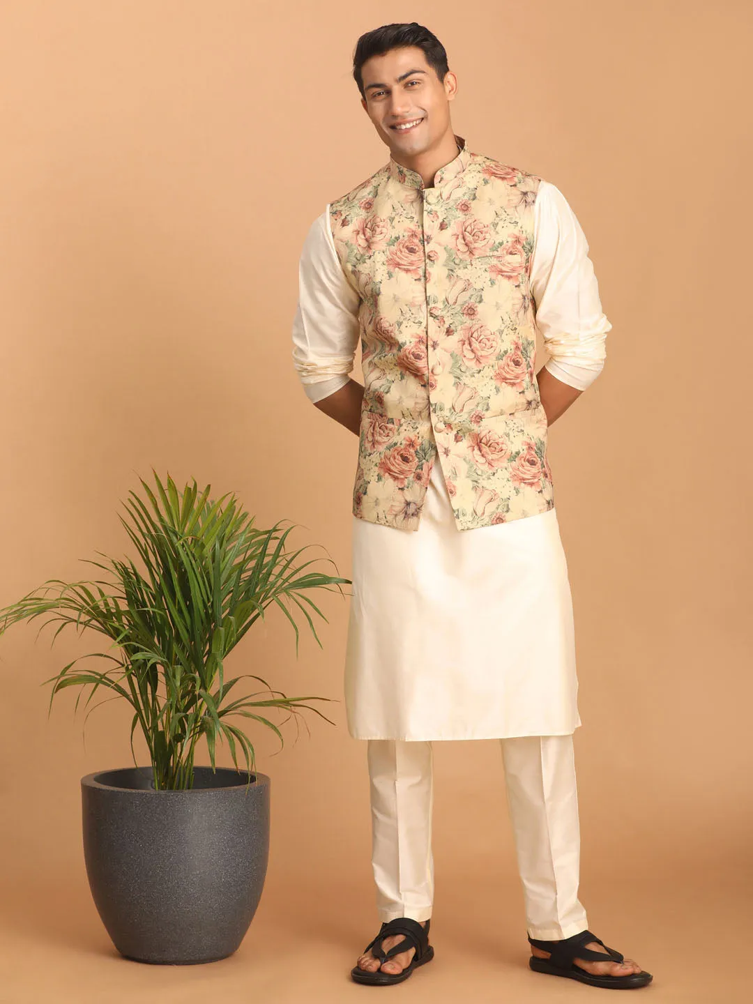 VASTRAMAY Beige Printed Nehru Jacket And Cream Solid Kurta With Pant Set