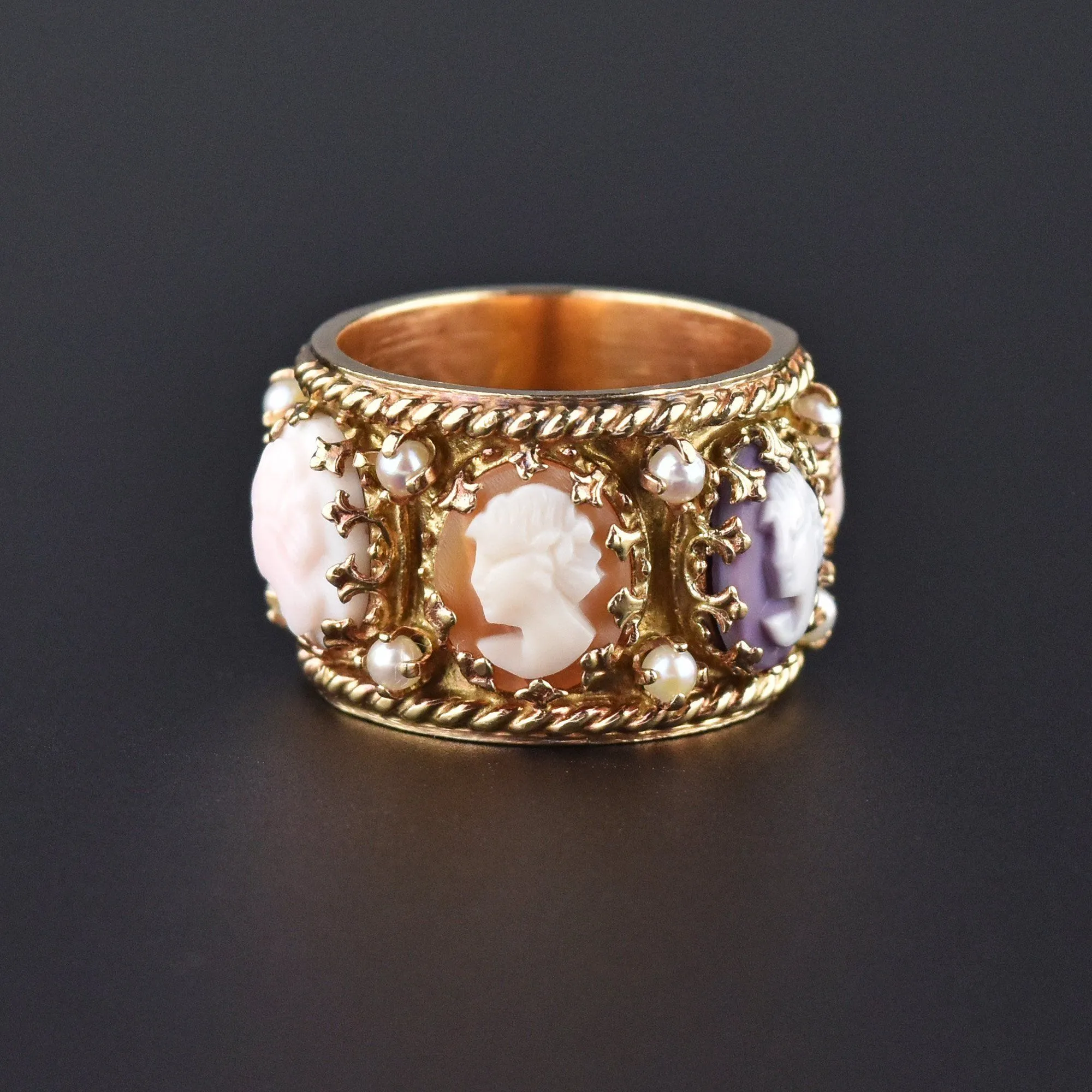 Victorian Revival Full Eternity 14K Gold Band Pearl Cameo Ring