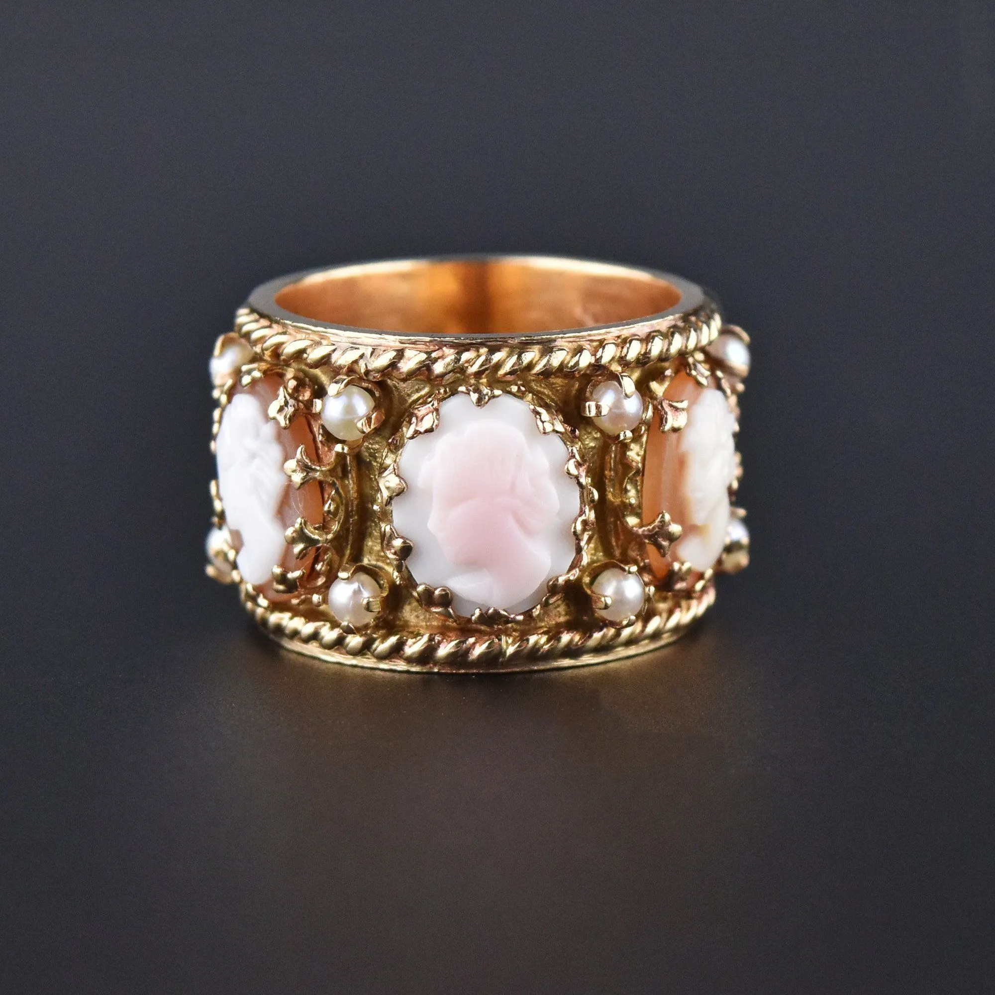 Victorian Revival Full Eternity 14K Gold Band Pearl Cameo Ring