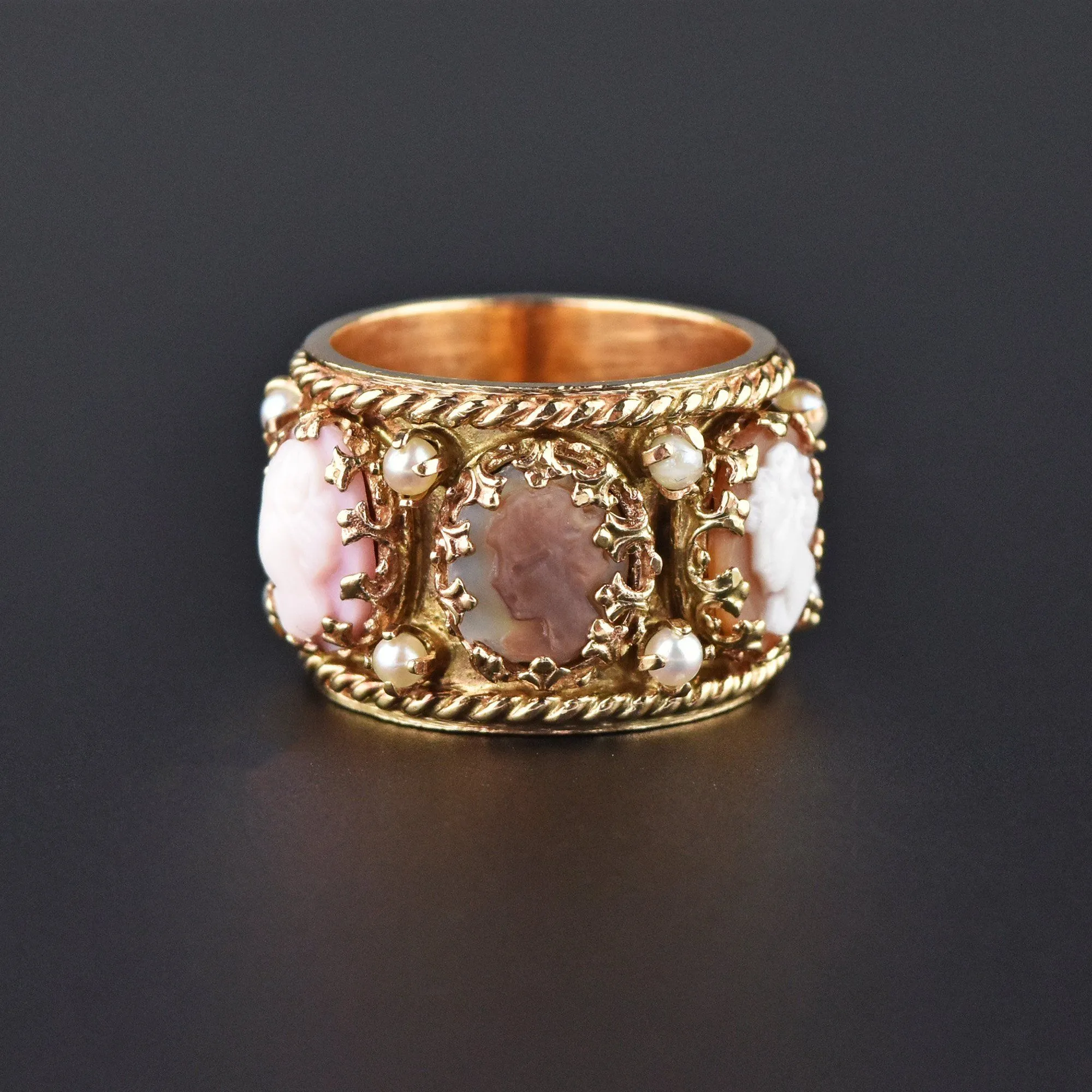 Victorian Revival Full Eternity 14K Gold Band Pearl Cameo Ring