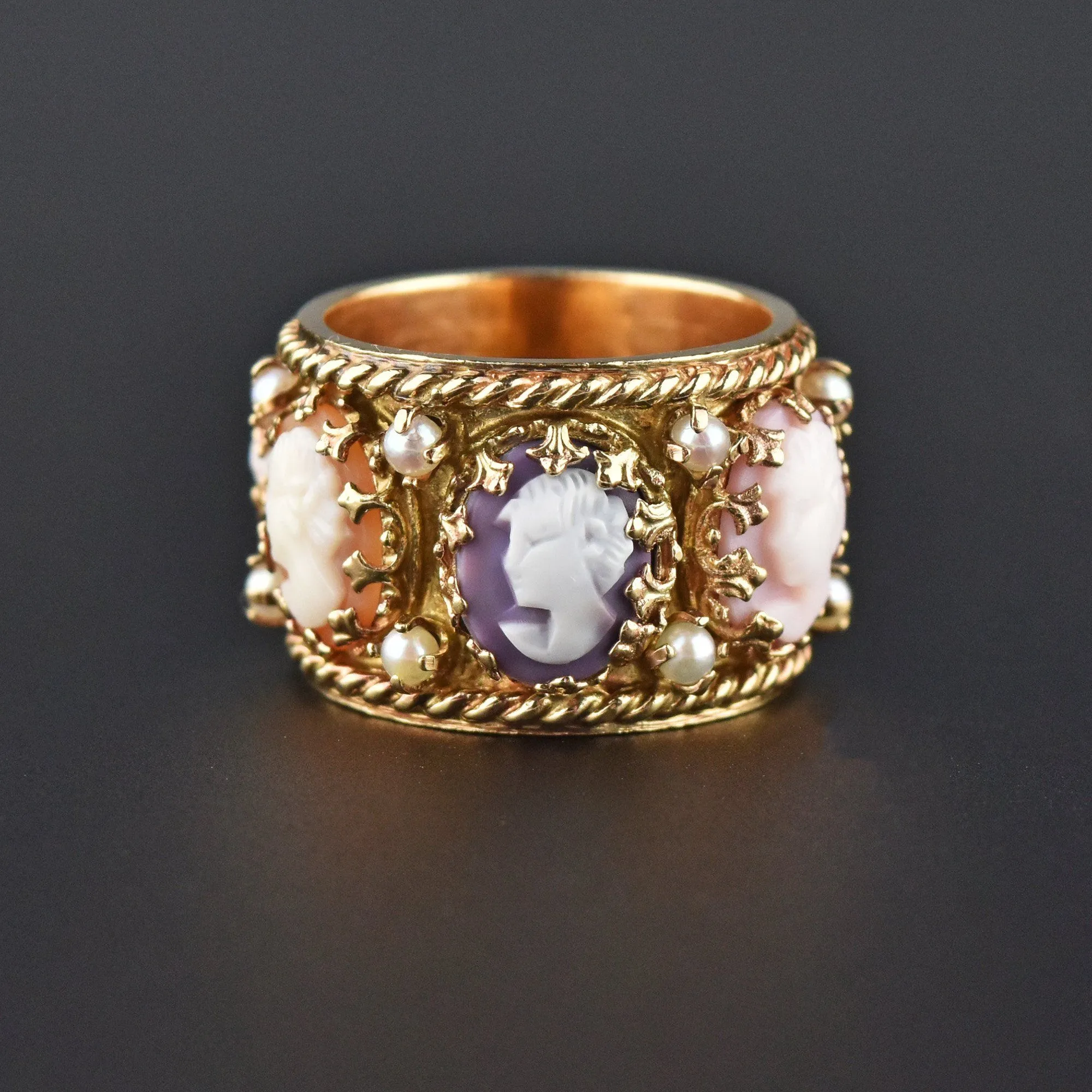 Victorian Revival Full Eternity 14K Gold Band Pearl Cameo Ring