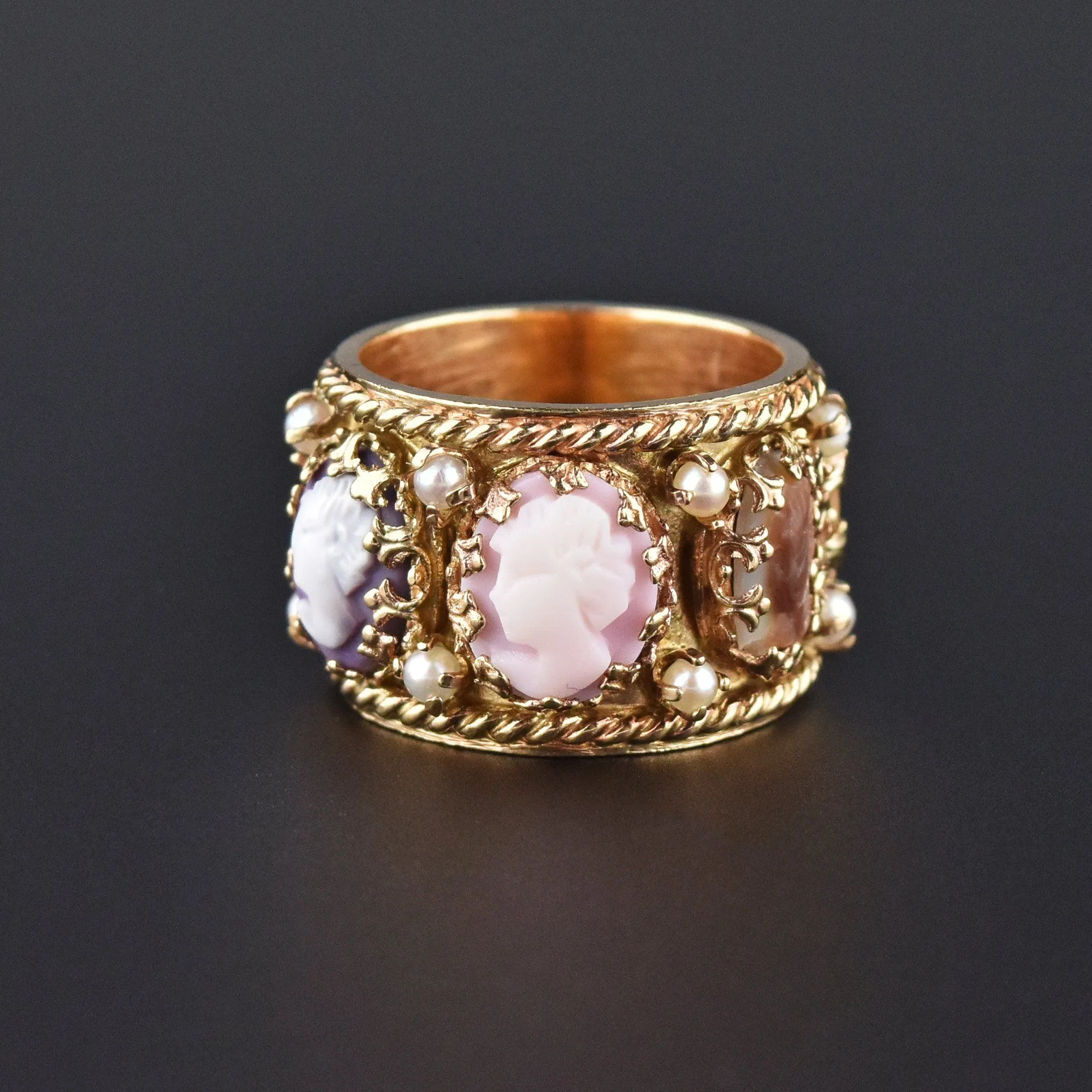 Victorian Revival Full Eternity 14K Gold Band Pearl Cameo Ring