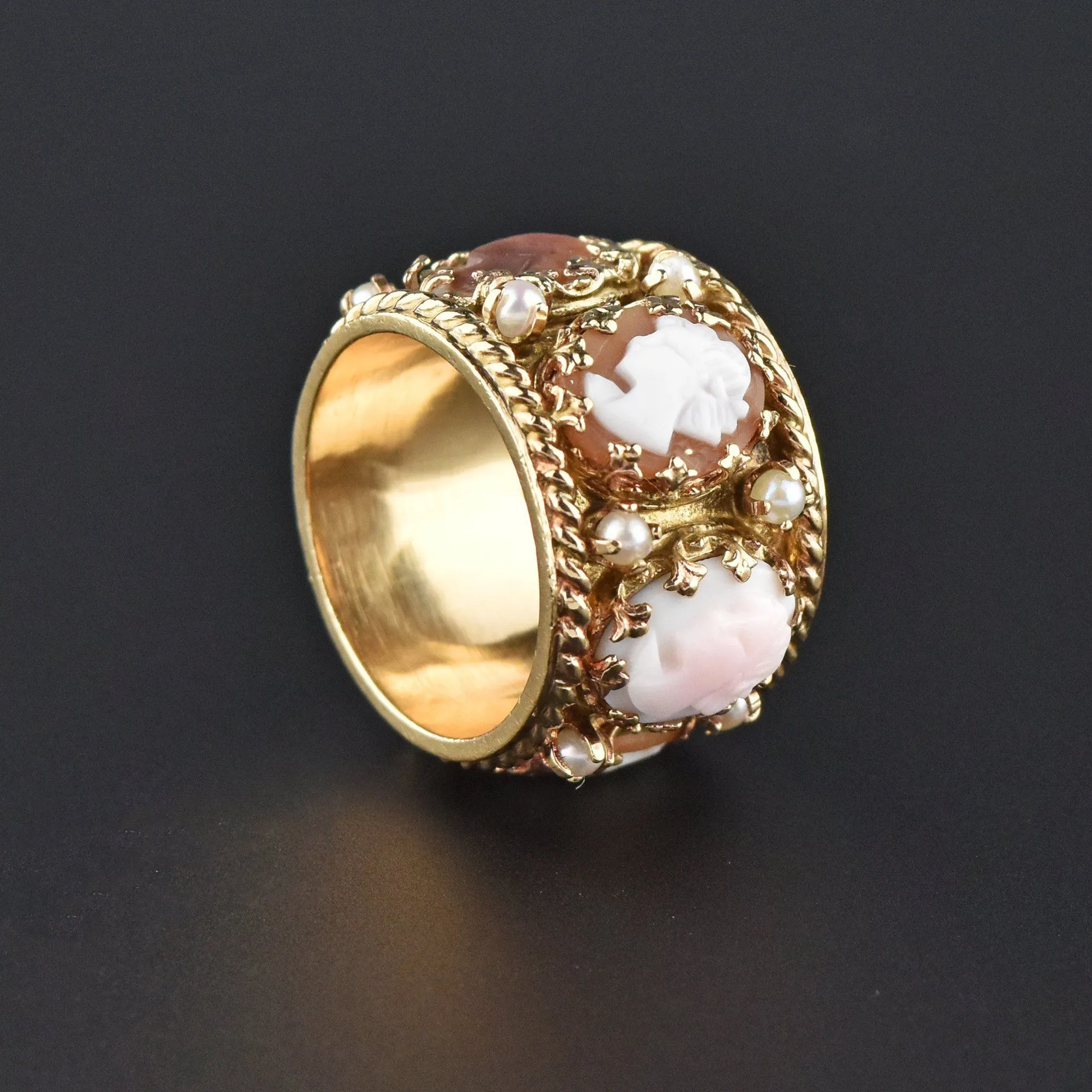 Victorian Revival Full Eternity 14K Gold Band Pearl Cameo Ring