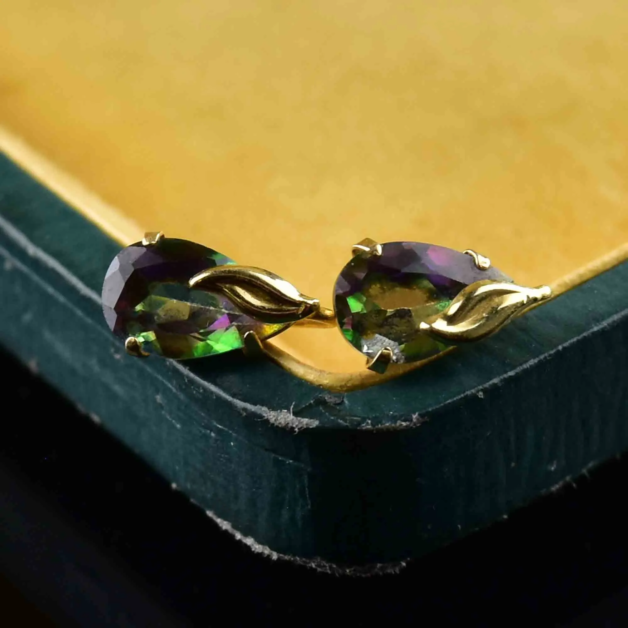 Vintage 10K Gold Leaf Mystic Topaz Stud Earrings