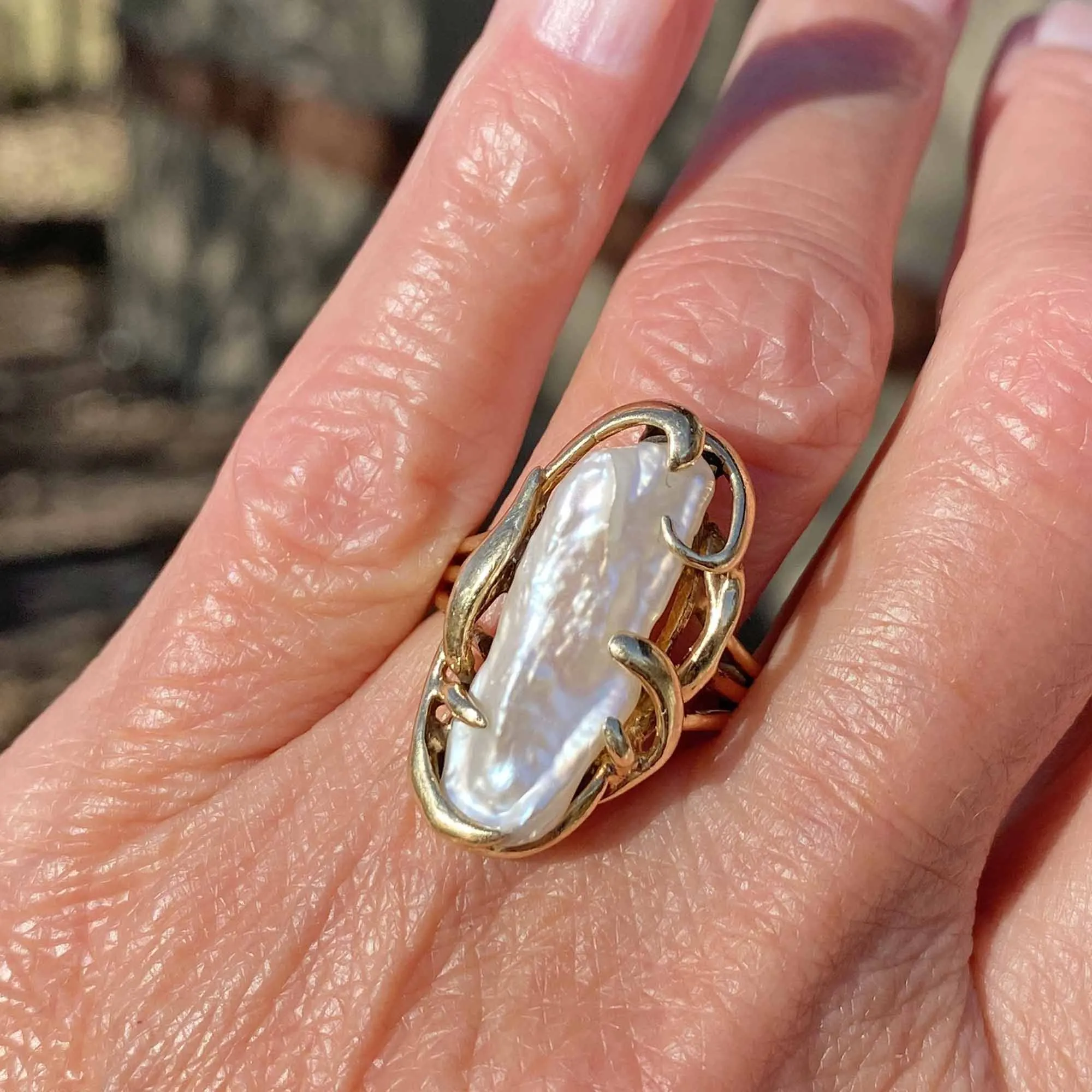 Vintage 14K Gold Free Form Baroque Pearl Ring