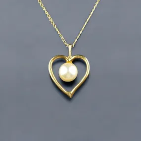 Vintage 14K Gold Pearl Open Heart Pendant Necklace