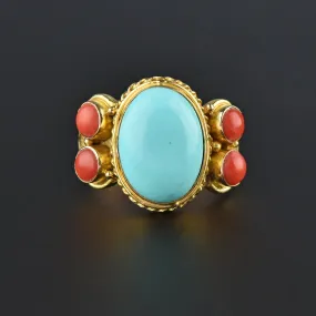 Vintage 14K Gold Torini Red Coral & Turquoise Ring