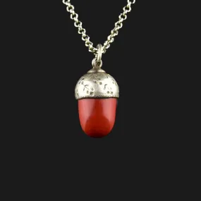 Vintage Carved Silver Carnelian Acorn Pendant Necklace