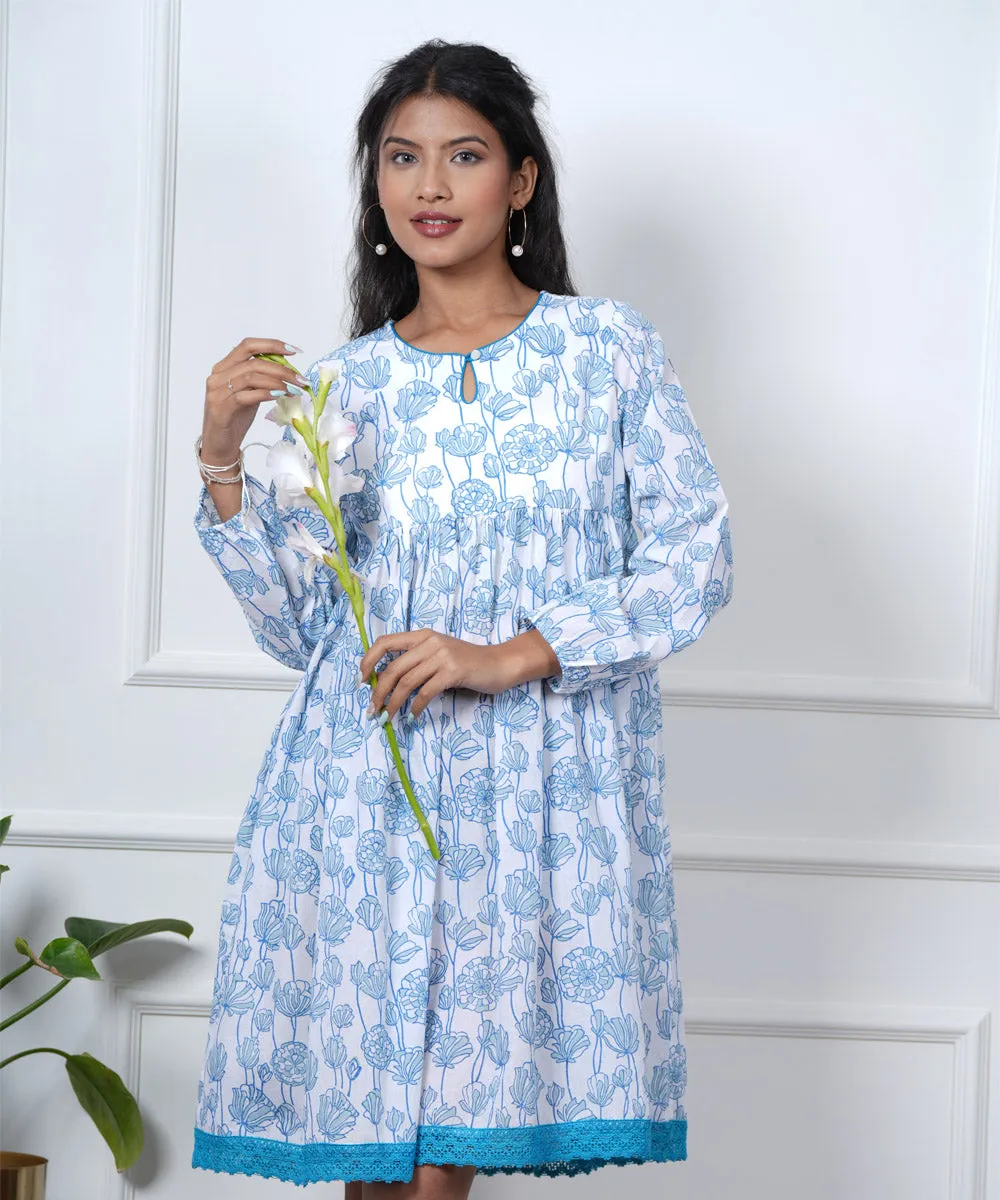 White blue floral hand block cotton dress