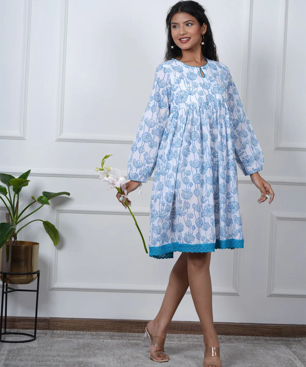 White blue floral hand block cotton dress