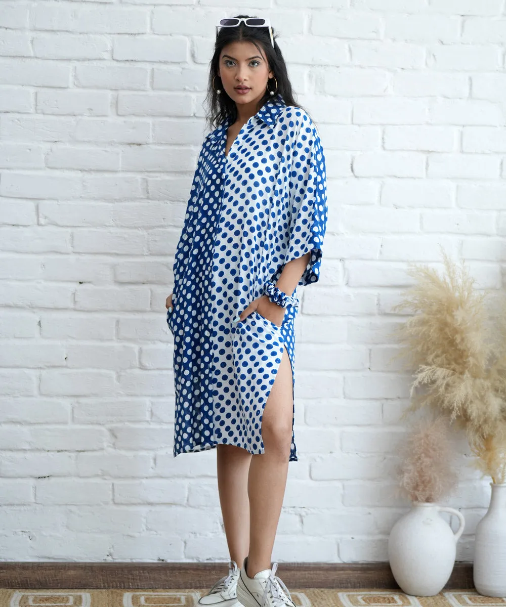 White blue polka dot handblock printed modal oversized shirt