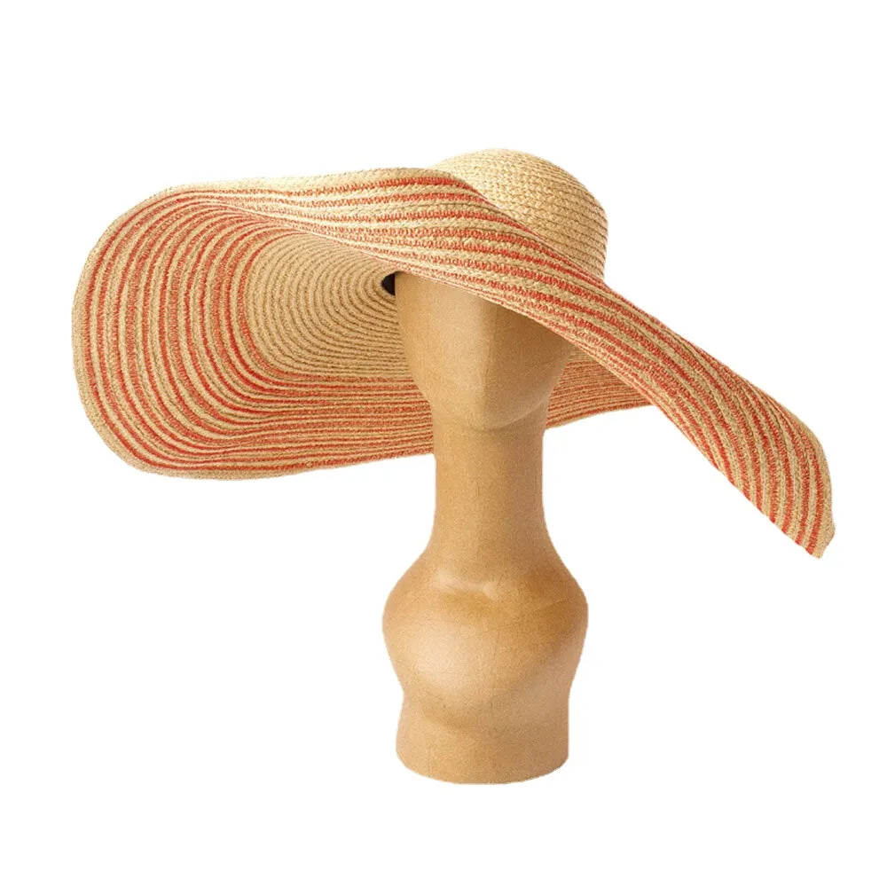 Woman Handmade Wild Brim Visor Color Stripe Vacation Beach Sun Hat Natural Raffia Rolled-up Brim Straw Hat