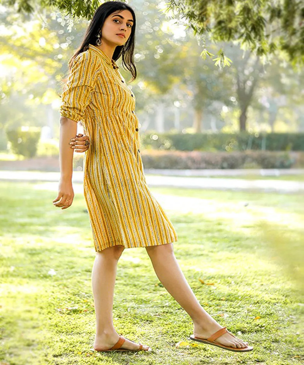 Yellow stripe handblock printed cotton dress